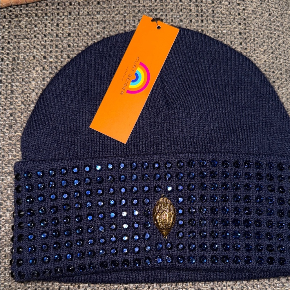 Kurt Geiger Navy Knit Beanie with Blue Crystal Studs and Gold Emblem